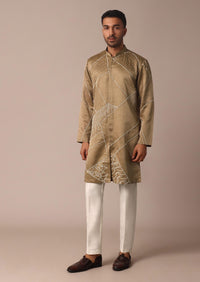 Beige Silk Kurta Set With Intricate Handwork