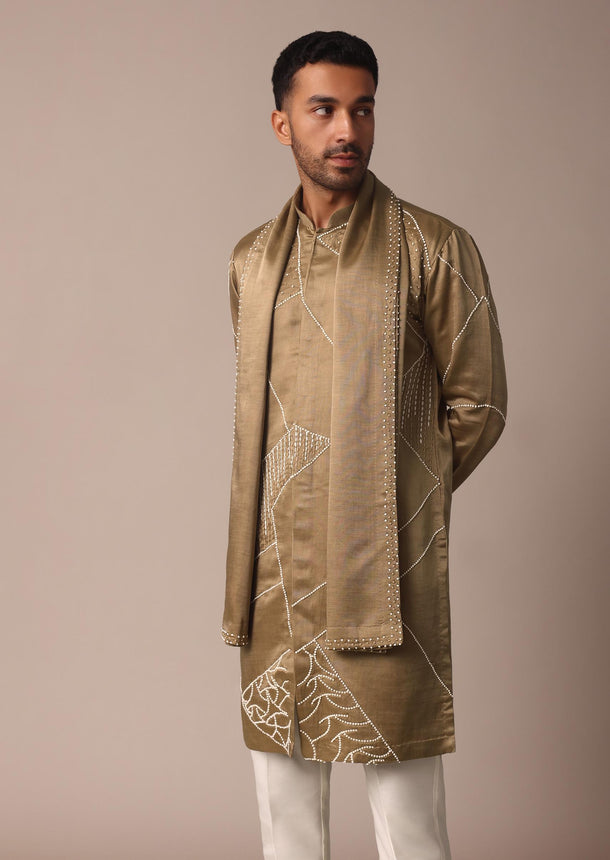 Beige Silk Kurta Set With Intricate Handwork