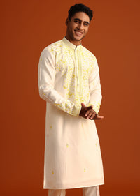 Beige Silk Kurta Set With Printed And Embroidered Work