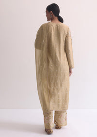 Beige Silk Kurta Pant Set With 3D Floral Work