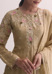 Beige Silk Kurta Pant Set With 3D Floral Work