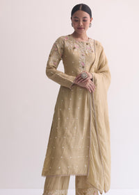 Beige Silk Kurta Pant Set With 3D Floral Work