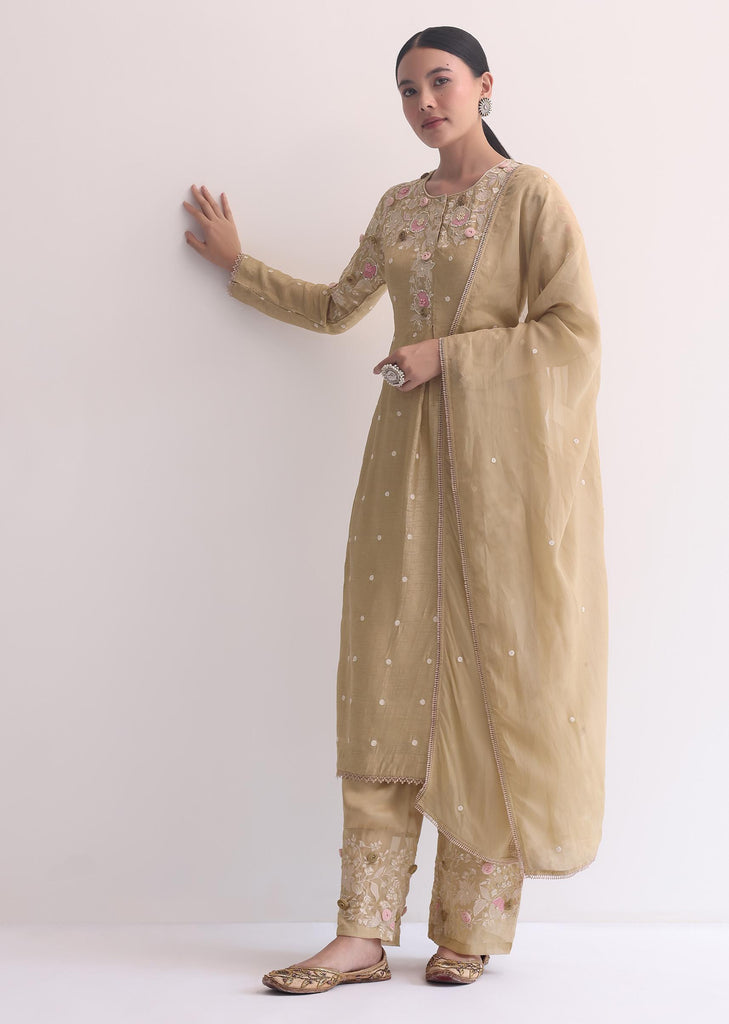 Beige Silk Kurta Pant Set With 3D Floral Work