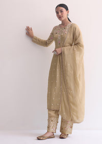 Beige Silk Kurta Pant Set With 3D Floral Work