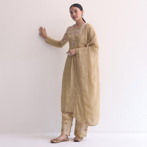 Beige Silk Kurta Pant Set With 3D Floral Work