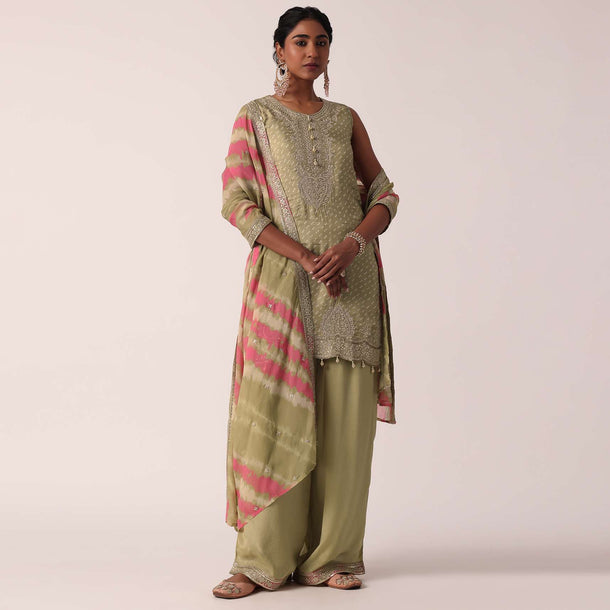 Beige Silk Palazzo Set With Leheriya Dupatta