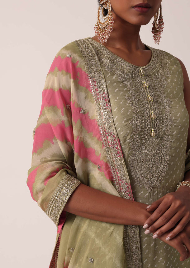 Beige Silk Palazzo Set With Leheriya Dupatta