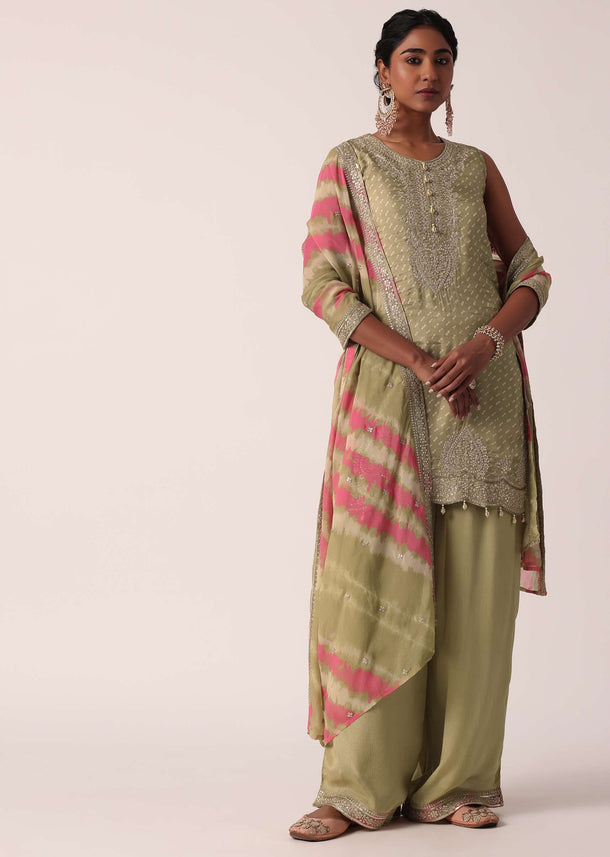 Beige Silk Palazzo Set With Leheriya Dupatta