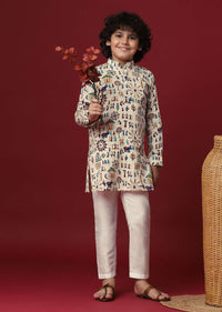 Beige Silk Printed Kurta Set For Boys