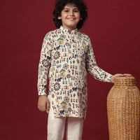 Beige Silk Printed Kurta Set For Boys