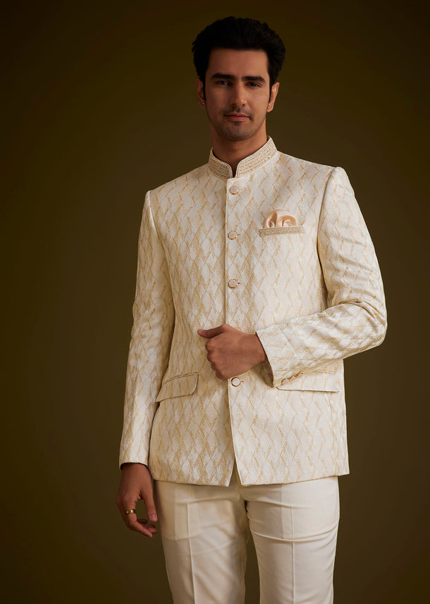 Beige Silk Textured Jodhpuri Suit With Cut Dana Accents