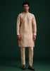 Beige Silk Kurta Set With Threadwork Jacket