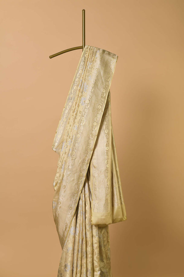 Beige South Dharmavaram Silk Saree With Woven Antique Motifs And Unstitched Blouse Fabric