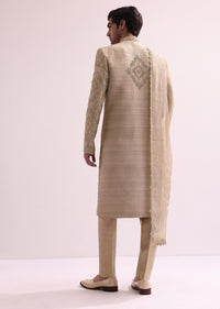 Beige Straight Cut Double Layered Sherwani And Kurta Set In Raw Silk