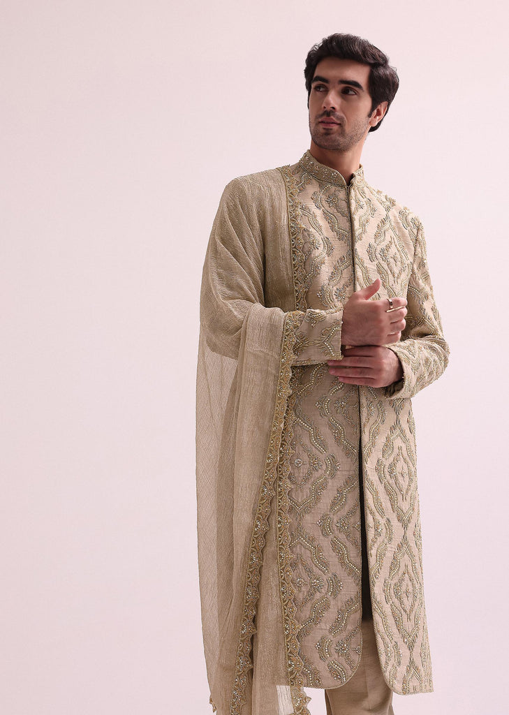 Beige Straight Cut Double Layered Sherwani And Kurta Set In Raw Silk