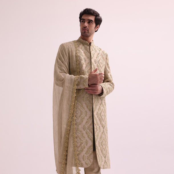 Beige Straight Cut Double Layered Sherwani And Kurta Set In Raw Silk