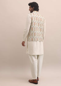 Beige Thread Embroidered Silk Kurta Jacket Set For Men