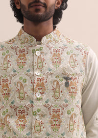 Beige Thread Embroidered Silk Kurta Jacket Set For Men