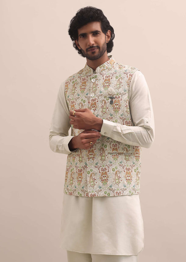 Beige Thread Embroidered Silk Kurta Jacket Set For Men
