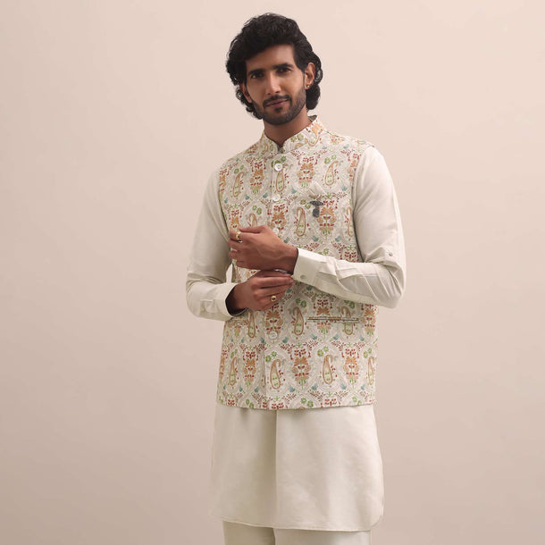 Beige Thread Embroidered Silk Kurta Jacket Set For Men
