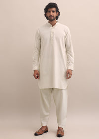 Beige Thread Embroidered Silk Kurta Jacket Set For Men