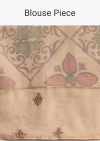 Beige Tissue Chanderi Floral Print Saree with Zardosi Work