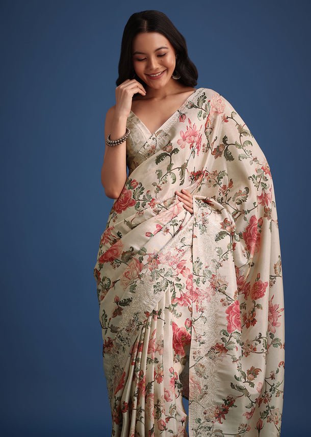 Beige Tissue Muslin Saree With Pitta Work And Digital Print