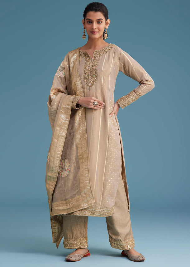 Beige Tissue Pant Set With Multi Colour Resham Work Dupatta