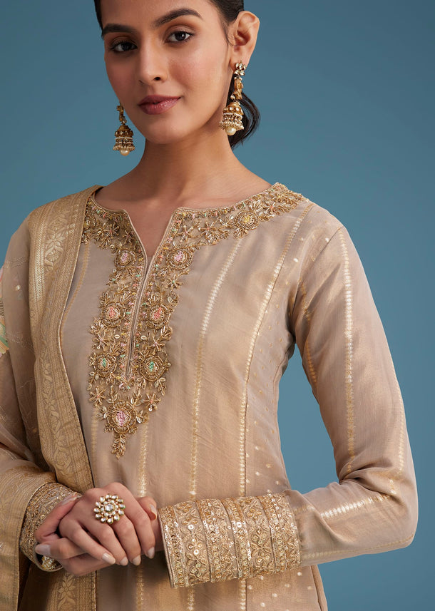 Beige Tissue Pant Set With Multi Colour Resham Work Dupatta