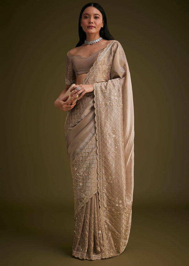 Beige Tissue Embroidered Saree With Scallop Border