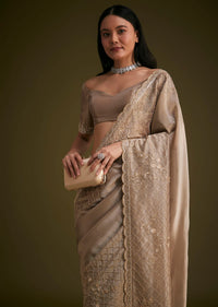 Beige Tissue Embroidered Saree With Scallop Border