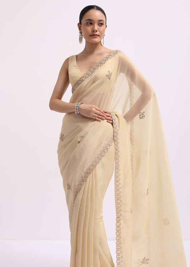 Cream Tissue Saree With Gotta Work And Unstitched Blouse