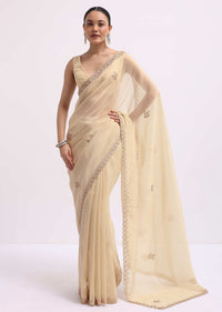 Beige Tissue Saree With Gotta Work And Unstitched Blouse