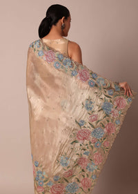 Beige Tissue Silk Saree With Resham Thread Embroidery