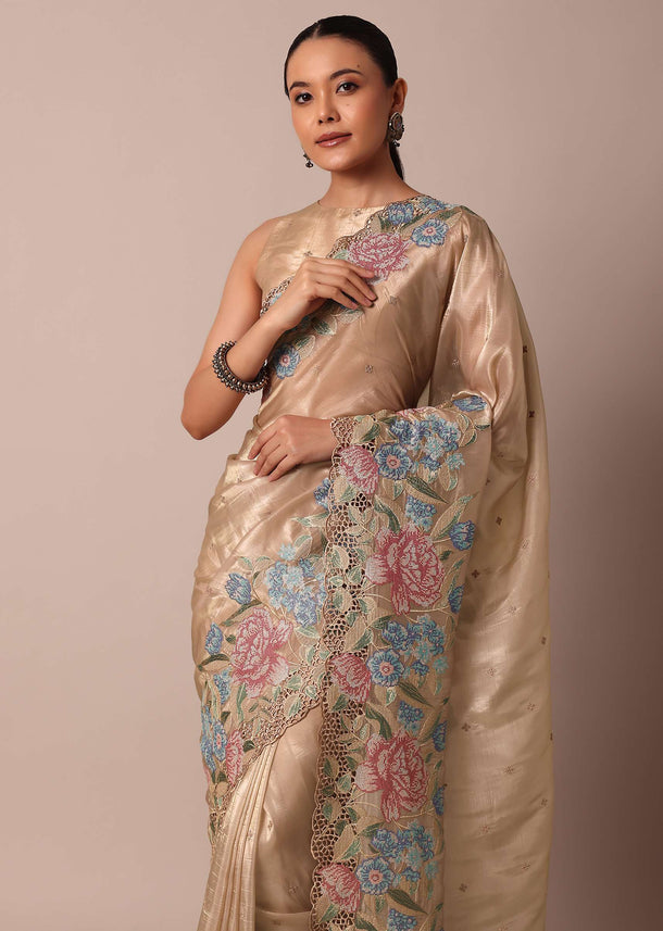 Beige Tissue Silk Saree With Resham Thread Embroidery