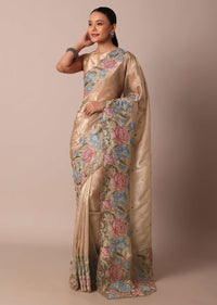 Beige Tissue Silk Saree With Resham Thread Embroidery