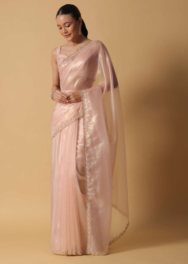 Beige Toned Foil Saree In Tissue With Cut Dana Embroidered Borders