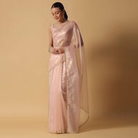 Beige Toned Foil Saree In Tissue With Cut Dana Embroidered Borders