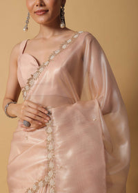 Beige Toned Tissue Saree With Cut Dana Embroidered Borders