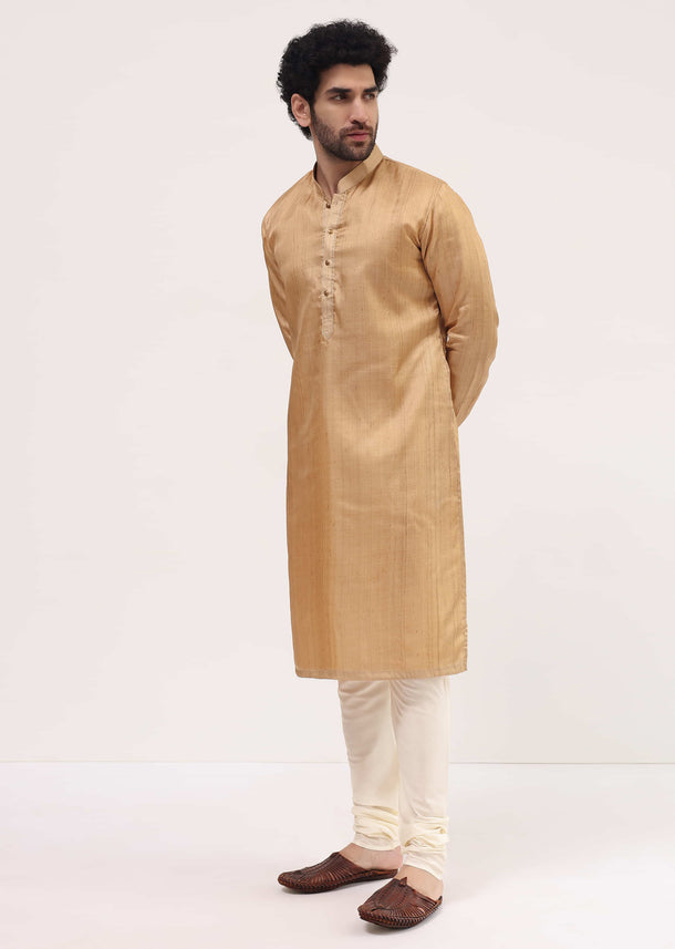 Beige Tussar Kurta Pyjama For Men