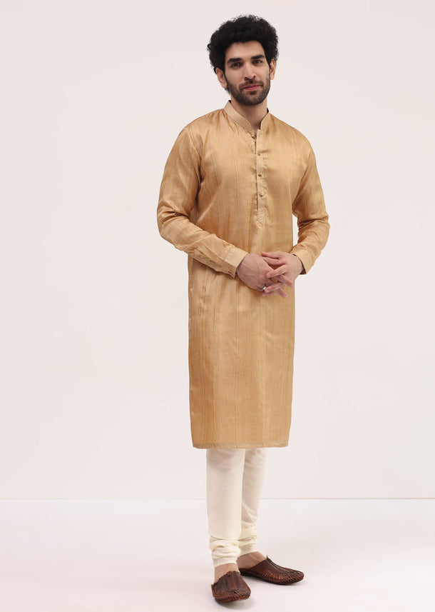 Beige Tussar Kurta Pyjama For Men