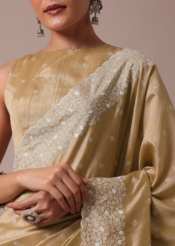 Beige Tussar Saree With Unstitched Blouse