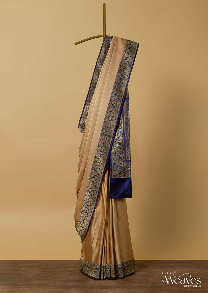 Beige Valkalam Banarasi Saree In Satin Crepe With Unstitched Blouse Piece