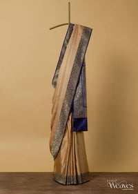 Beige Valkalam Banarasi Saree In Satin Crepe With Unstitched Blouse Piece