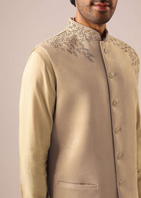 Beige Velvet Asymmetric Kurta Set with Cutwork Detail