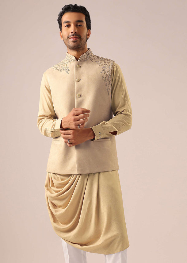 Beige Velvet Asymmetric Kurta Set with Cutwork Detail