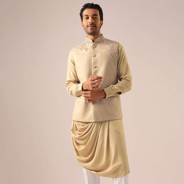 Beige Velvet Asymmetric Kurta Set with Cutwork Detail