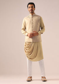 Beige Velvet Asymmetric Kurta Set with Cutwork Detail