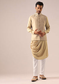 Beige Velvet Asymmetric Kurta Set with Cutwork Detail