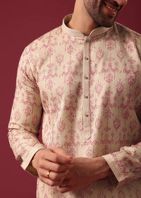 Beige White Embroidered Kurta Set In Silk